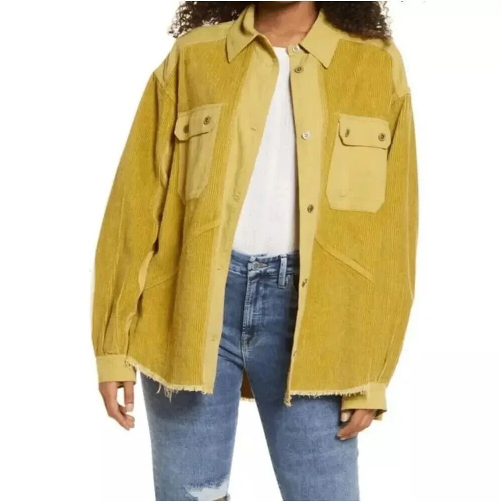 THREAD & SUPPLY | Green Yellow Corduroy Shacket Shirt Jacket Button Raw | Medium